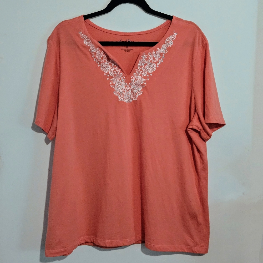 Coral Bay Women’s Top 1X Floral Embroidered V-Neck Short Sleeve Summer